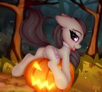  2022 anus black_hair blush butt cutie_mark earth_pony equid equine female feral friendship_is_magic genitals hair hasbro hi_res hooves horse jack-o&#039;-lantern looking_at_viewer looking_back looking_back_at_viewer mammal my_little_pony octavia_(mlp) omiart pony purple_eyes pussy solo tongue tongue_out 