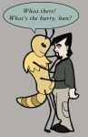  anthro arms_around_partner arthropod bee chest_tuft clerks_(series) dante_hicks dialogue duo embrace english_text erection eye_contact facial_hair goatee hand_on_face hi_res human hymenopteran insect kkalmighty looking_at_another male male/male mammal nude seductive speech_bubble text tuft 
