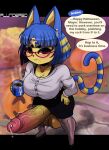  absurd_res animal_crossing ankha_(animal_crossing) anthro balls beverage big_balls big_breasts big_penis blouse bodily_fluids bottomwear breasts clothed clothing coffee coffee_mug container crossgender cup dialogue ear_piercing ear_ring egyptian english_text eyewear felid footwear ftg_crossgender fti_crossgender genital_fluids genitals glasses gynomorph halloween hand_on_hip hi_res high-angle_view high_heels holding_cup holding_object holiday_message holidays huge_balls huge_penis humanoid_genitalia humanoid_penis hyper hyper_genitalia hyper_penis intersex leggings legwear looking_at_viewer mammal markings nintendo office_lady penis piercing pinup plundered pose precum ring_piercing short_stack skirt solo striped_markings striped_tail stripes tail_markings talking_to_viewer text thick_thighs topwear vein veiny_penis video_games wide_hips 
