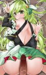  1boy 1girl ass back_cutout black_hairband black_sleeves bow breasts censored closed_mouth clothing_cutout detached_sleeves elsword frills green_eyes green_hair green_skirt hair_ornament hairband hetero imminent_penetration juliet_sleeves large_breasts long_hair long_sleeves looking_at_viewer looking_back mosaic_censoring no_panties penis puffy_sleeves rena_erindel skirt smile sula_(s_ra760) tale_spinner_(elsword) white_bow 