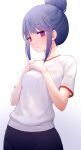  1girl bangs blue_hair breasts clenched_hands gym_uniform hair_bun hands_on_own_chest highres koromo_take looking_at_viewer parted_lips pink_eyes shima_rin shirt short_sleeves sidelocks simple_background small_breasts sweat sweaty_clothes upper_body white_background white_shirt yurucamp 