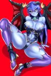  1girl astaroth_(shinrabanshou) black_sclera blue_hair blue_skin clothing_cutout colored_sclera colored_skin demon_girl demon_tail earrings heart heart_earrings highleg highres horns jewelry looking_at_viewer navel_cutout pointy_ears red_wings revealing_clothes shinrabanshou shiny shiny_skin skin_tight smile solo tail thighhighs volyz wings yellow_eyes 