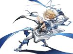  1boy bangs black_gloves blonde_hair blue_eyes closed_mouth coat dong_hole electricity fingerless_gloves full_body gloves guilty_gear highres holding holding_sword holding_weapon ky_kiske looking_at_viewer male_focus pants short_hair simple_background standing sword weapon white_background white_coat white_footwear white_pants 
