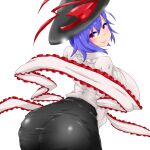  1girl ass black_headwear black_skirt bow breasts closed_mouth frilled_shawl frills from_behind hat hat_bow highres himenomikan huge_breasts looking_at_viewer looking_back nagae_iku purple_hair red_bow red_eyes shawl shirt short_hair simple_background skirt smile solo touhou white_background white_shirt 