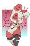  anthro butt clothed clothing english_text female generation_3_pokemon genitals legwear looking_at_viewer nintendo no_underwear pokemon pokemon_(species) pokemorph pussy red_body solo spinda text thick_thighs video_games vono white_body 