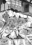  2girls :d aircraft airship alphy animal_ears animal_hands bai_(granblue_fantasy) bangs bare_shoulders blush frills gloves granblue_fantasy greyscale highres huang_(granblue_fantasy) long_hair monochrome multiple_girls open_mouth paw_gloves pointing siblings sisters smile sweatdrop tail teeth tiger_stripes tiger_tail twintails 