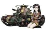  1girl black_hair camouflage chi-hatan_(emblem) chi-hatan_school_uniform crossed_arms emblem girls_und_panzer ground_vehicle highres long_hair looking_at_viewer military military_vehicle motor_vehicle nishi_kinuyo nspa_(spa-jcs) school_uniform sitting sketch smile solo tan tank type_97_chi-ha white_background 