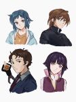  1girl 1other 3boys bangs black_jacket black_sweater blue_eyes blue_hair blue_jacket blue_suit blunt_bangs blush brown_eyes brown_hair brown_pants collared_shirt duo_maxwell formal freya_0913 from_side grey_shirt gundam gundam_age gundam_build_fighters gundam_hathaway&#039;s_flash gundam_wing hair_between_eyes hathaway_noa head_tilt highres iori_sei jack-o&#039;-lantern jacket light_smile looking_at_viewer looking_to_the_side mafti_nabiyu_erin meme multiple_boys necktie open_clothes open_jacket orange_shirt own_hands_together pants portrait pumpkin_dance_(meme) pumpkin_mask purple_eyes purple_hair purple_skirt red_necktie shirt short_hair sidelocks skirt smile suit sweater upper_body white_shirt yurin_leciel 