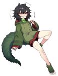  1girl @_@ animal_feet asparas_(vtuber) bangs bike_shorts black_hair black_nails brown_shorts crocodilian_tail drawstring fingernails furrowed_brow green_footwear green_tail grin hair_between_eyes hand_up highres hood hood_down hoodie indie_virtual_youtuber long_fingernails long_sleeves medium_hair messy_hair nail_polish notice_lines nyong_nyong red_eyes sharp_teeth shorts simple_background sitting smile solo tail teeth turtleneck white_background 