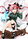  1girl :d animal_ears ashigaruk ball bow braid cat_ears hair_bow hand_up highres hitodama kaenbyou_rin looking_at_viewer open_mouth red_hair red_nails skull smile solo touhou twin_braids wheelbarrow 