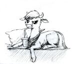  2015 arizona_cow_(tfh) bandanna black_and_white bovid bovine cattle cloven_hooves container cup drinking drinking_straw drinking_straw_in_mouth el-yeguero female hooves horn inktober kerchief looking_at_viewer lying mammal monochrome neckerchief on_front pillow simple_background sipping solo them&#039;s_fightin&#039;_herds traditional_media_(artwork) white_background 
