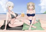  2girls bangs beach bikini birthday blonde_hair blue_bikini blue_sky breasts collarbone cup disposable_cup drink drinking_straw_in_mouth glasses green_eyes hand_on_ground happy_birthday highres holding holding_drink horizon imu_(senran_kagura) jeaike_art large_breasts looking_at_viewer miyabi_(senran_kagura) multiple_girls navel outdoors parted_bangs sand senran_kagura senran_kagura_estival_versus senran_kagura_shinovi_versus shiny shiny_skin short_hair sitting sky smile stomach striped striped_bikini sweat swimsuit water wet white_hair yellow_eyes 