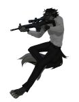  absurd_res anthro black_body black_bottomwear black_clothing black_fur black_hair black_pants bottomwear canid clothed clothing corzh77 full-length_portrait fur glistening glistening_eyes grey_body grey_clothing grey_eyes grey_fur grey_topwear gun hair hi_res holding_gun holding_object holding_rifle holding_weapon male mammal narrowed_eyes pants portrait ranged_weapon simple_background solo three-quarter_view topwear unsigned weapon white_background 