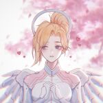  1girl bangs blonde_hair blue_eyes branch doctor halo heart highres looking_to_the_side medic medium_hair mercy_(overwatch) overwatch parted_lips petals pov qing_ya_sylvia solo upper_body wings 