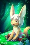  2020 anthro artist_name bangs biped blonde_hair blush claws clothed clothing digital_media_(artwork) eyelashes female flower grass hair hi_res hindpaw lunesnowtail made_in_abyss nanachi narehate open_mouth outside paws plant shaded solo topless yellow_eyes young 