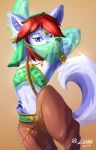  2019 anthro biped blue_body blue_eyes blue_fur canid canine clothed clothing dated digital_media_(artwork) female fur gerudo_outfit gradient_background hair hi_res inner_ear_fluff jewelry lunesnowtail mammal navel red_hair shaded simple_background solo tuft white_body white_fur 
