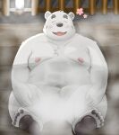  2022 anthro balls barely_visible_balls barely_visible_genitalia barely_visible_penis belly big_belly black_nose blush detailed_background eyes_closed feet genitals humanoid_hands kemono male mammal moobs navel nipples overweight overweight_male penis polar_bear shirane_kan shirokuma_210 sitting solo steam ursid ursine utau white_body 