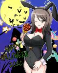  1girl alternate_costume animal_ears armorganger bangs bat_(animal) black_leotard bow bowtie breasts brown_eyes brown_hair building candy candy_cane cleavage_cutout clothing_cutout commentary cowboy_shot dated english_text fake_animal_ears fishnet_pantyhose fishnets food full_moon girls_und_panzer halloween halloween_costume happy_halloween highres holding holding_candy holding_food holding_lollipop jack-o&#039;-lantern_ornament leotard lollipop long_hair long_sleeves looking_at_viewer macaron medium_breasts mika_(girls_und_panzer) moon night one_eye_closed open_mouth outline pantyhose playboy_bunny rabbit_ears red_bow red_bowtie smile standing star_(symbol) white_outline 