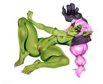  2022 areola breasts feet female genitals goblin green_body green_skin hair humanoid humanoid_pointy_ears johnfoxart long_hair lying navel nipples not_furry nude on_back pink_hair purple_eyes pussy simple_background smile solo tied_hair 