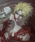  1boy abs bath bath_of_blood black_nails blonde_hair blood blood_on_face dio_brando dutch_angle evil_smile fangs fingernails from_above ghost_hands hand_up highres holding holding_mask jojo_no_kimyou_na_bouken looking_at_viewer looking_up male_focus mask mask_removed medium_hair nude open_mouth parted_lips phantom_blood red_eyes sharp_fingernails slit_pupils smile solo spiked_hair stone_mask_(jojo) toned toned_male upper_body vampire yuan_di_shaobing 
