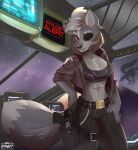  2022 anthro belt bottomwear breasts canid canine canis chain cleavage clothed clothing crossgender ear_piercing female fur gun hi_res hinget inside mammal nintendo pants piercing ranged_weapon solo space star star_fox video_games weapon wolf wolf_o&#039;donnell 