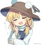  1girl blonde_hair brown_headwear closed_mouth highres long_sleeves moriya_suwako open_mouth ramudia_(lamyun) short_hair sidelocks simple_background solo squiggle touhou upper_body white_background 