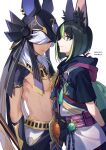  2boys absurdres animal_ear_fluff animal_ears bangs black_hair closed_mouth cyno_(genshin_impact) dark-skinned_male dark_skin dated egyptian_clothes fox_boy fox_ears genshin_impact green_eyes green_hair hair_over_one_eye highres hood hood_down long_hair looking_at_viewer male_focus medal multiple_boys red_eyes simple_background tighnari_(genshin_impact) twitter_username vision_(genshin_impact) white_background white_hair xia_(ryugo) 