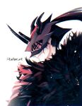  1boy black_clover black_hair demon_horns fur highres horns horns_through_headwear mask mask_on_head nacht_faust ponytail red_eyes sharp_teeth tailyor_art teeth 