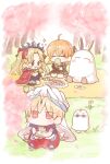  1boy 1other 3girls alternate_costume aruti black_tiara blonde_hair blush blush_stickers cherry_blossoms chibi drinking earrings eating ereshkigal_(fate) fate/grand_order fate_(series) fujimaru_ritsuka_(female) fujimaru_ritsuka_(female)_(polar_chaldea_uniform) gilgamesh_(caster)_(fate) gilgamesh_(fate) gold_trim hair_ribbon hanami highres hoop_earrings jewelry long_hair medjed_(fate) multiple_girls nitocris_(fate) nitocris_(swimsuit_assassin)_(fate) no_mouth official_alternate_costume orange_hair red_eyes red_ribbon ribbon 