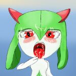  &lt;3 &lt;3_eyes 1:1 absurd_res after_fellatio after_oral after_sex blue_background blush bodily_fluids cum cum_in_mouth cum_inside cum_on_face fangs female generation_3_pokemon genital_fluids green_hair green_lips hair hi_res horn humanoid kirlia lips looking_at_viewer nintendo pokemon pokemon_(species) red_eyes simple_background solo tagme tongue tongue_out video_games white_body white_eyelashes wooperanon 