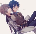  2boys bangs black_gloves black_hair black_pants blue_eyes blush brown_hair earrings genshin_impact gloves grey_pants grey_shirt hair_between_eyes highres jacket jewelry licking licking_ear long_hair long_sleeves male_focus multiple_boys necktie open_mouth orange_eyes pants rns9ws shirt simple_background single_earring sitting tartaglia_(genshin_impact) vest yaoi zhongli_(genshin_impact) 