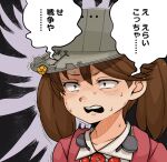  1girl brown_hair constricted_pupils hair_between_eyes kantai_collection magatama open_mouth portrait ryuujou_(kancolle) ryuujou_kai_ni_(kancolle) solo sweat takasugi_heppu translation_request trembling twintails visor_cap 