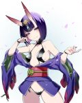  1girl bangs bare_shoulders bob_cut breasts collarbone eyeliner fate/grand_order fate_(series) headpiece highres horns japanese_clothes kimono long_sleeves looking_at_viewer makeup obi off_shoulder omagacchu oni oni_horns petals purple_eyes purple_hair purple_kimono revealing_clothes sash short_hair short_kimono shuten_douji_(fate) skin-covered_horns small_breasts smile solo wide_sleeves 