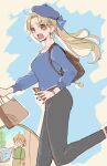  2girls alternate_costume alternate_hairstyle aruti backpack bag beret black_pants blonde_hair blue_bow blue_headwear blue_nails blue_shirt blush bow brown_bag cellphone dumuzid_(fate) earrings ereshkigal_(fate) fate/grand_order fate_(series) flying_sweatdrops fujimaru_ritsuka_(female) green_shirt hair_bow handbag hat highres holding holding_bag holding_phone jewelry long_hair multiple_girls nail_polish necklace open_mouth orange_hair panicking pants paper_bag phone ponytail red_eyes running shirt smartphone tan_skirt text_messaging watch wristwatch 