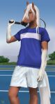  anthro blue_clothing blue_eyes blue_shirt blue_topwear bottomwear clothing dolehest equid equine fusilier hi_res horse male mammal maxym_(bloopertrooper) pose shirt shorts solo t-shirt tennis tennis_court tennis_racket topwear 