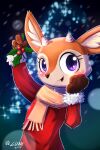  2019 aggressive_retsuko antelope anthro blush bovid christmas christmas_tree clothing dated digital_media_(artwork) eyelashes female gazelle half-length_portrait hand_on_face hi_res holidays horn inner_ear_fluff lunesnowtail mammal open_mouth plant portrait purple_eyes red_clothing sanrio scarf shaded solo tree tsunoda tuft 