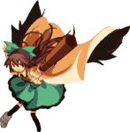  1girl :d arm_cannon asymmetrical_footwear black_socks black_wings bow brown_hair cape collared_shirt green_bow hair_bow long_hair looking_at_viewer mismatched_footwear open_mouth pixel_art red_eyes reiuji_utsuho rrrssr shirt smile socks solo third_eye touhou transparent_background weapon white_cape wings 