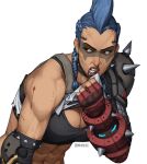  1girl abs armor artist_name bare_shoulders blood braid breasts breikka cleavage clothes_lift earrings elbow_pads eyebrow_piercing facial_tattoo gauntlets hand_up highres jewelry junker_queen_(overwatch) large_breasts leaning_forward lifted_by_self lip_piercing lips long_hair looking_to_the_side mohawk nosebleed overwatch overwatch_2 parted_lips piercing red_eyes red_lips shoulder_armor shoulder_spikes simple_background solo spikes sports_bra stomach sweat tan tank_top tattoo teeth twin_braids upper_body white_background 