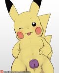 4:5 balls blush generation_1_pokemon genitals gesture hi_res humanoid_genitalia humanoid_penis male nintendo one_eye_closed penis penis_towards_viewer pikachu pointing pointing_at_penis pokemon pokemon_(species) red_cheeks semi-anthro simple_background slightly_chubby solo tongue tongue_out video_games winick-lim wink yellow_body 