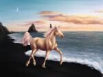  beach beesa black_sand crescent_moon dusk equid equine evening female feral horse icelandic_horse mammal mary_(bloopertrooper) moon purple_eyes sand sea seaside solo sunset trotting water wave 