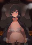  1boy 1girl asashio_(kancolle) black_cape black_hair blue_eyes blush cape cloak closed_mouth commentary_request cowboy_shot flat_chest gloves halloween halloween_costume hand_on_another&#039;s_shoulder height_difference kantai_collection long_hair naked_cloak nipples nose_blush official_alternate_costume pussy_juice shin_(new) size_difference striped striped_thighhighs thighhighs white_gloves 