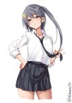  1girl alternate_costume black_necktie black_ribbon black_skirt blush collared_shirt cowboy_shot cropped_legs ebifurya grey_eyes grey_hair hair_between_eyes hair_ribbon highres kantai_collection long_hair long_sleeves looking_at_viewer necktie one-hour_drawing_challenge ribbon scamp_(kancolle) school_uniform shirt side_ponytail simple_background skirt solo twitter_username white_background white_shirt 