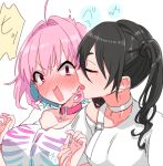  2girls ahoge bangs black_hair blush breasts choker cleavage closed_eyes collar collarbone colored_inner_hair earrings hands_up highres holding_hands idolmaster idolmaster_cinderella_girls jewelry large_breasts licking licking_another&#039;s_face medium_hair mole mole_under_eye multicolored_hair multiple_girls nose_blush open_mouth pink_hair red_eyes saito_katuo sharp_teeth shirt simple_background small_breasts speech_bubble sunazuka_akira surprised teeth tongue tongue_out twintails upper_body v-shaped_eyebrows white_background white_shirt yumemi_riamu yuri 