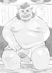  2022 anthro balls belly big_belly eyes_closed genitals gouryou humanoid_genitalia humanoid_hands humanoid_penis kemono lifewonders male mammal masshiro moobs nipples overweight overweight_male penis sitting solo suid suina sus_(pig) tokyo_afterschool_summoners towel video_games water wild_boar 