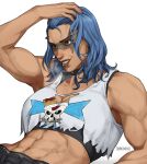  1girl abs arm_support arm_up artist_name bare_arms bare_shoulders biceps blue_eyes breasts breikka cleavage collar collarbone facial_tattoo grin highres junker_queen_(overwatch) large_breasts lip_piercing lips long_hair lying midriff muscular muscular_female on_back overwatch overwatch_2 piercing red_eyes red_lips scar scar_on_face simple_background smile solo spiked_collar spikes sports_bra stomach sweat tan tank_top tattoo upper_body white_background 