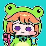  1girl :3 aiming_at_viewer animal_costume blue_background blush_stickers bow chibi commentary frog_costume green_bow gun holding holding_gun holding_weapon hololive hololive_english jazz_jack lowres orange_hair purple_eyes simple_background solo symbol-only_commentary takanashi_kiara virtual_youtuber weapon 
