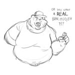  2022 absurd_res anthro belly big_belly clothing english_text hat headgear headwear hi_res humanoid_hands male mammal overweight overweight_male sharpdressedreptile shirt simple_background solo text topwear ursid 