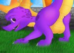  activision anus backsack balls big_butt butt claws cloud digital_media_(artwork) dragon feral genitals grass hi_res horn looking_at_viewer looking_back male membrane_(anatomy) membranous_wings open_mouth outside plant presenting presenting_anus presenting_balls presenting_hindquarters puffy_anus purple_body purple_eyes scalie simple_background sky smile solo spyro spyro_the_dragon thick_thighs tongue varium video_games wall_(structure) western_dragon wings 