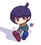  1boy ahoge asymmetrical_footwear black_hair blue_eyes blush_stickers crossed_legs den_10_chu_10 green_shirt ground_vehicle heterochromia kamen_rider kamen_rider_build kamen_rider_build_(series) kiryuu_sento male_focus mask military military_vehicle mismatched_footwear motor_vehicle rabbit rabbit+tank_form red_eyes scarf shadow shirt shoes simple_background sitting sneakers t-shirt tank white_background yellow_scarf 