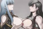  2girls bare_shoulders black_hair blue_hair breast_contest breasts clothes_lift confrontation faceoff grabbing_own_breast large_breasts looking_at_another miyamasa multiple_girls nipples red_eyes rivalry selvaria_bles shirt_lift tifa_lockhart 